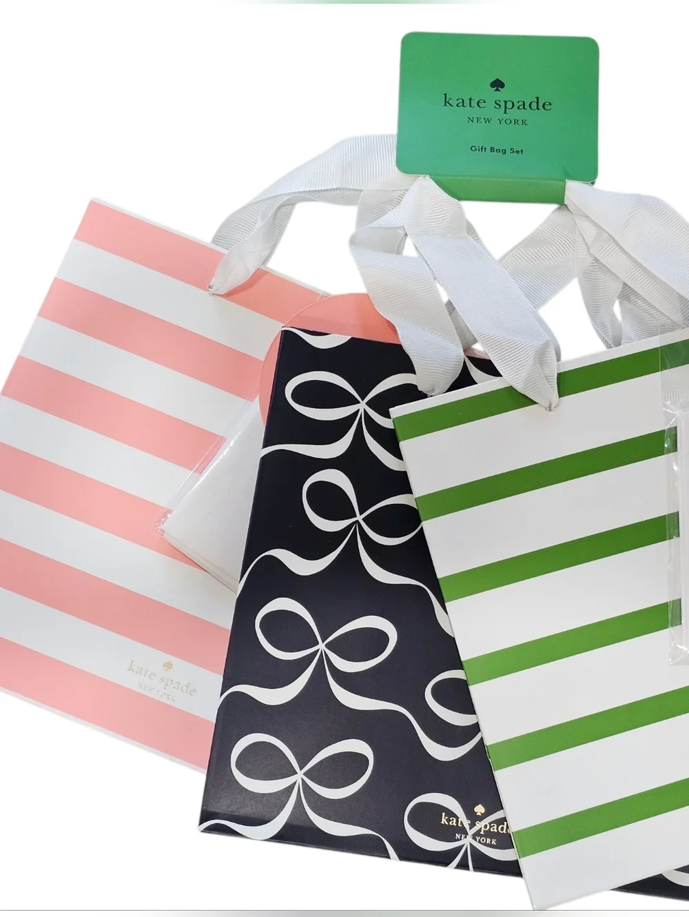 kate spade of New York, Striped & Bow Gift Bag Set in Pink, Black, Green, New.